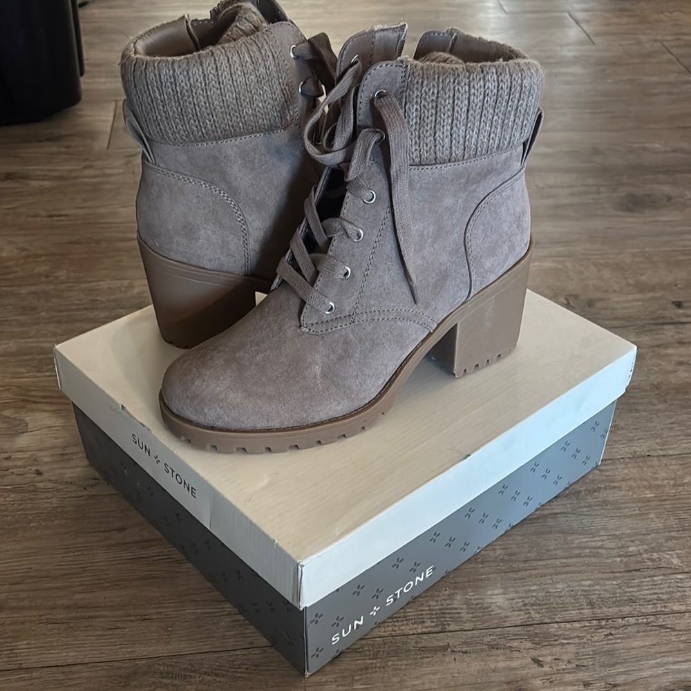 Sun + Stone Tan Lace Up Boots with Chunky Heel